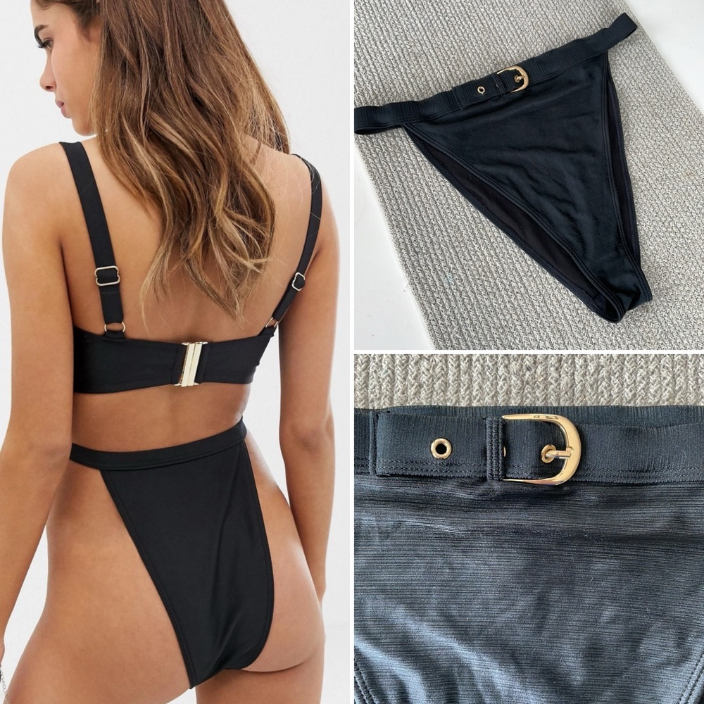Wolf & Whistle Black Ribbed Nylon Hi French Cut Belted Bikini Bottom Size 8